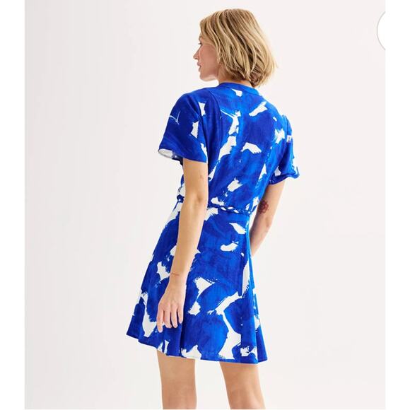 Nine West Flutter Sleeve Button Front Tie Waist Godet Dress Blue Size Medium - Picture 2 of 7